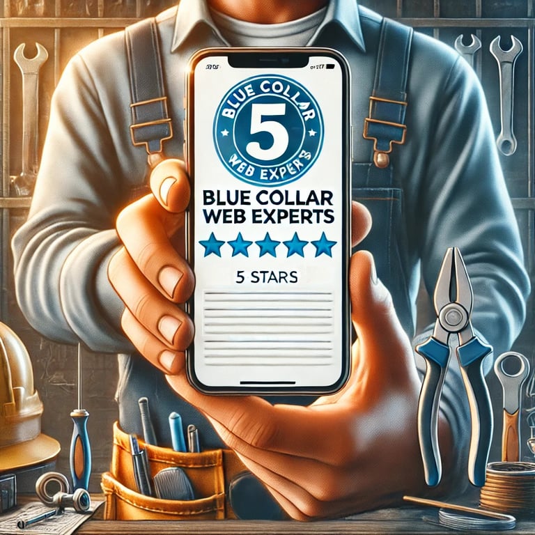 A man holding a phone with a blue and white phone showing 5 star reviews.