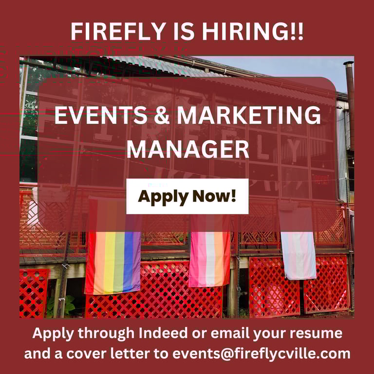 Firefly hiring poster for an Events and Marketing Manager role with Pride flags on a wooden deck.
