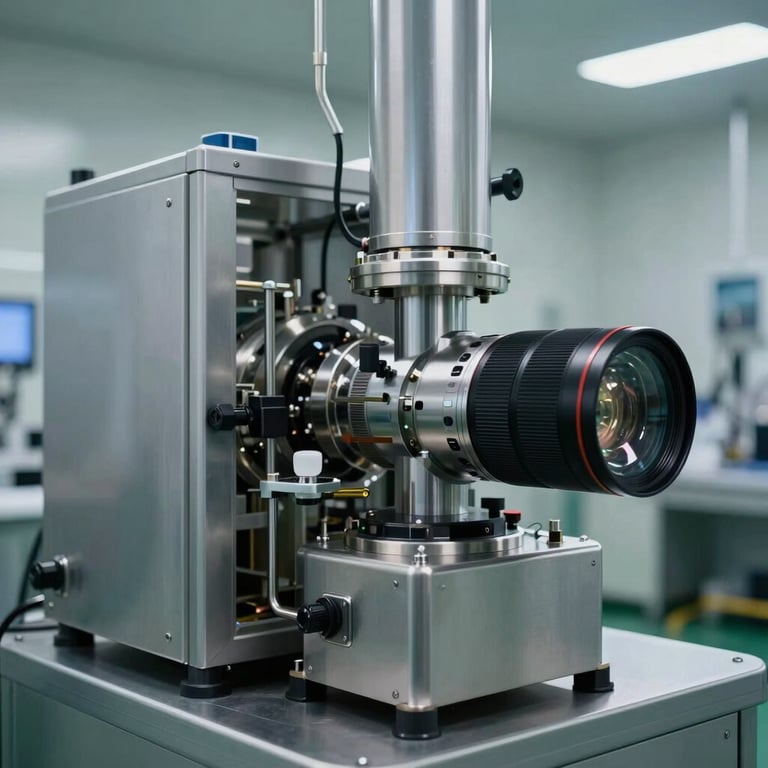 High-tech pharmaceutical manufacturing equipment in a clean factory setting.