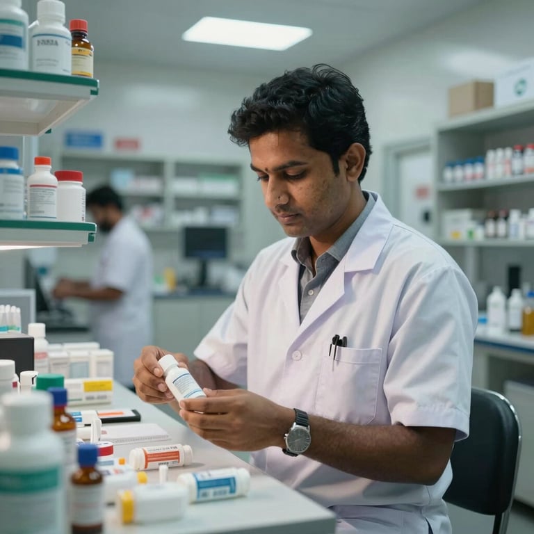South Asian / Indian pharmacist organizing medical supplies in a modern facility.