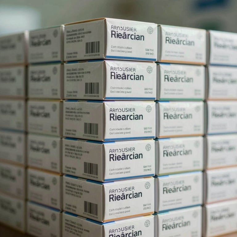 Neatly stacked boxes of medicines ready for distribution.