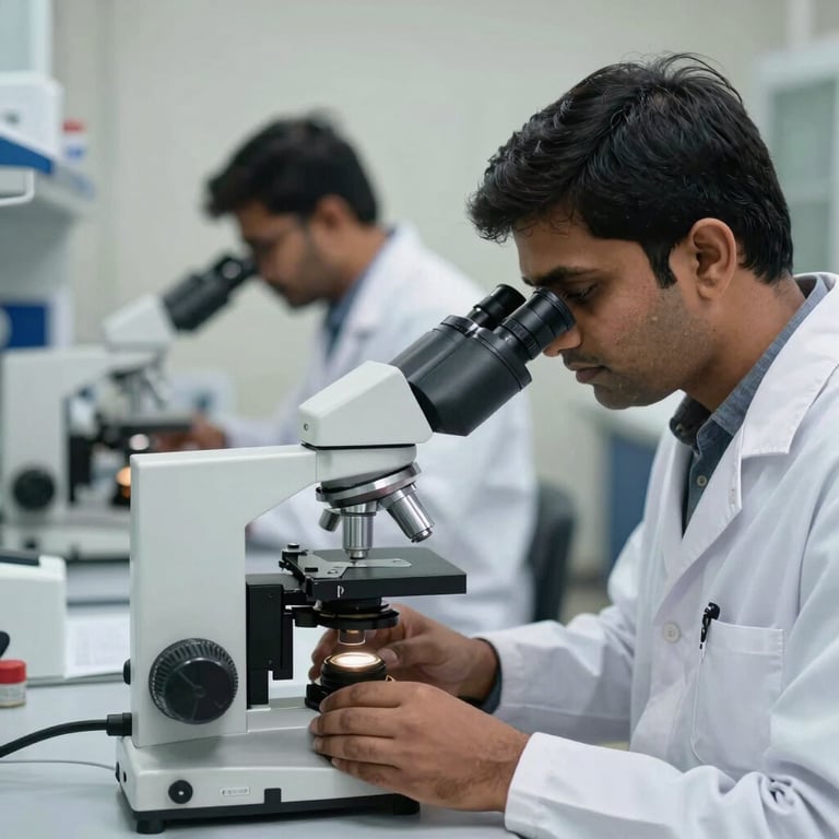 Quality control lab with microscopes and researchers in India.