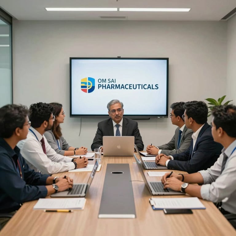 OM SAI PHARMACEUTICALS team meeting in a modern corporate office.