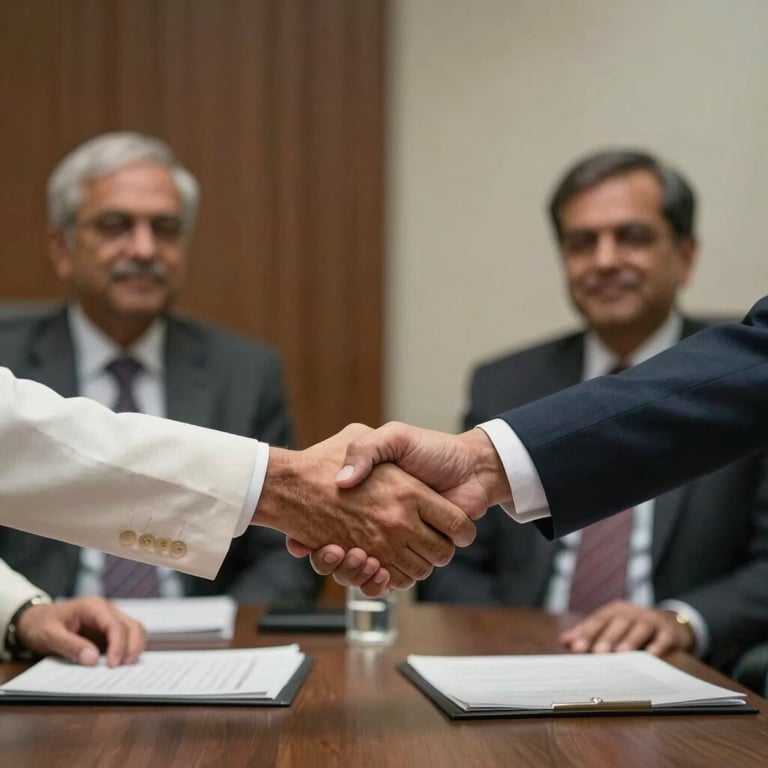 Handshake between pharmaceutical executives in a professional setting in Kolkata.