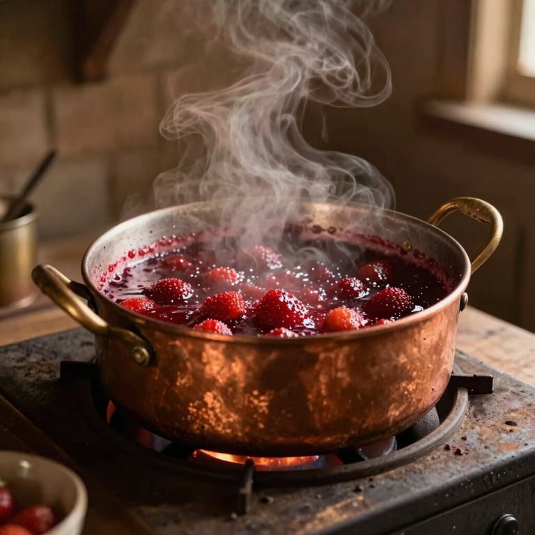 A rustic copper pot bubbling with rich red strawberry jam over a traditional wood-fired stove, warm steam rising, country kitchen setting.