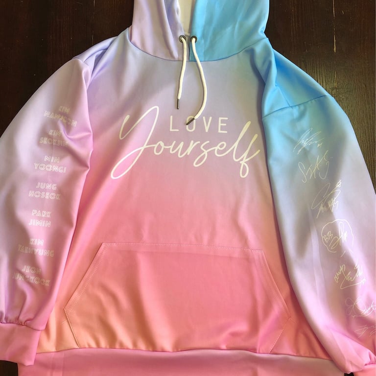 BTS Love Yourself gradient hoodie with cat ears, Kpop ARMY fanmade merch, cute BTS hoodie for fans