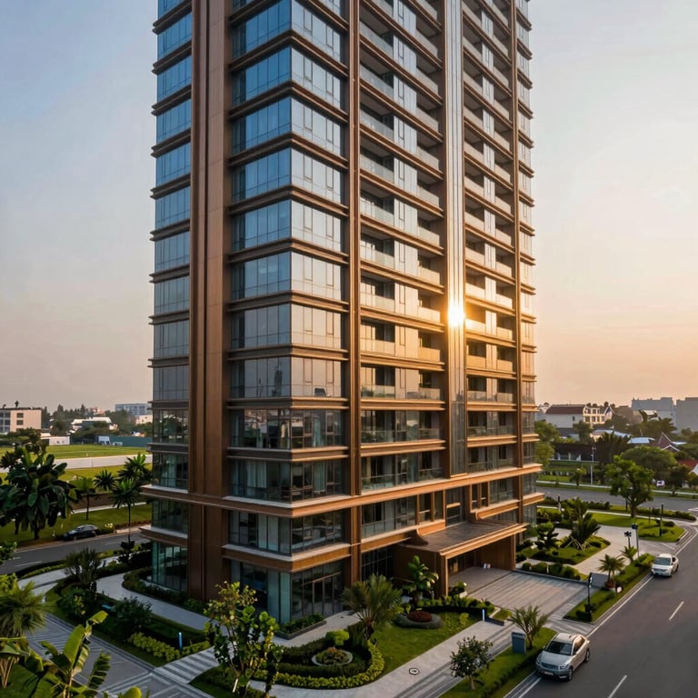 Exterior shot of an ultra-modern luxury residential tower in Golf Course Road, Gurgaon, India during golden hour. The building has contemporary architecture with glass facades and rich green terrace gardens, warm bronze and sunset colors.