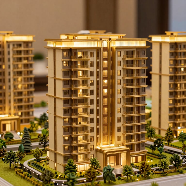 Close-up of a premium architectural model of a luxury high-rise residential complex in Gurgaon. Warm gold lighting highlights the intricate design details of balconies and landscaped gardens, sophisticated and authoritative atmosphere.