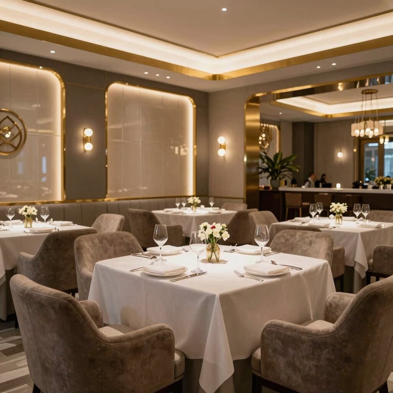 An elegant private dining room or lounge in Gurgaon, India, featuring modern Indian decor with gold-trimmed panels, plush seating, and warm overhead lighting. Perfect for high-net-worth individual client consultations, luxury lifestyle.