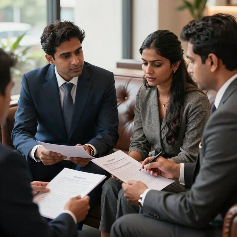 A sophisticated discussion between a professional financial advisor and a couple, all South Asian / Indian, sitting on a luxurious leather sofa in a private lounge. They are reviewing wealth portfolio documents, natural light, secure and high-trust ambiance.