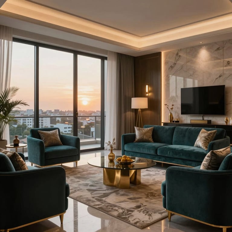 A modern, luxuriously designed living room inside a premium apartment in Gurgaon, India. Floor-to-ceiling windows show a beautiful sunset over the city. Elegant dark teal furniture and gold decor pieces, soft warm lighting, South Asian / Indian modern aesthetic.