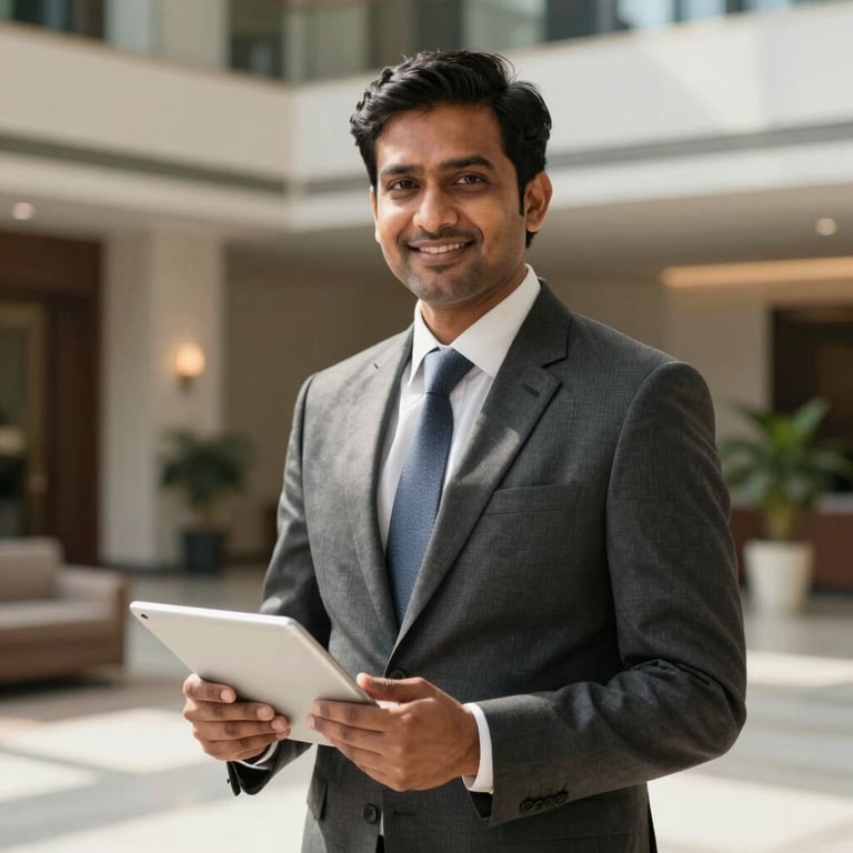 A South Asian / Indian male real estate advisor in a sharp suit standing in a sunlit lobby of a luxury office building, smiling confidently, holding a digital tablet. Sophisticated, authoritative, professional wealth consulting vibe.