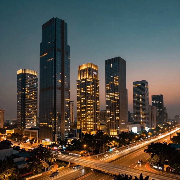 Sleek, high-end modern office interior in Gurgaon, India, featuring an executive meeting room with large glass windows overlooking high-rises. A South Asian / Indian property consultant in professional attire is pointing towards a digital property map, bronze and dark teal accents, soft ambient light.