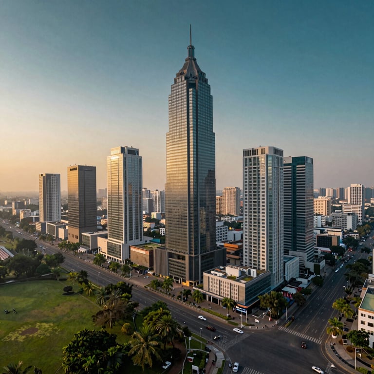 A beautiful aerial shot of Gurgaon's prime commercial district showcasing modern skyscrapers, green parks, and wide clean roads. Dawn lighting, with a clear sky fading from deep dark teal to soft amber, expressing rapid growth and premium lifestyle.