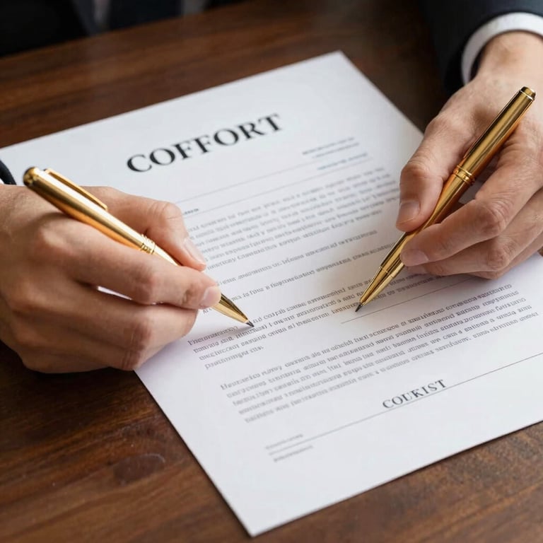 Close-up of professional hands signing a real estate contract on a dark wooden desk. A premium gold pen is used. Off-white documents with elegant typography, elite financial wealth vibe.