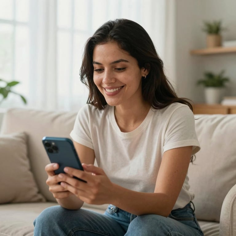 A South American woman in a bright living room, smiling while holding her smartphone during a telemedicine consultation.