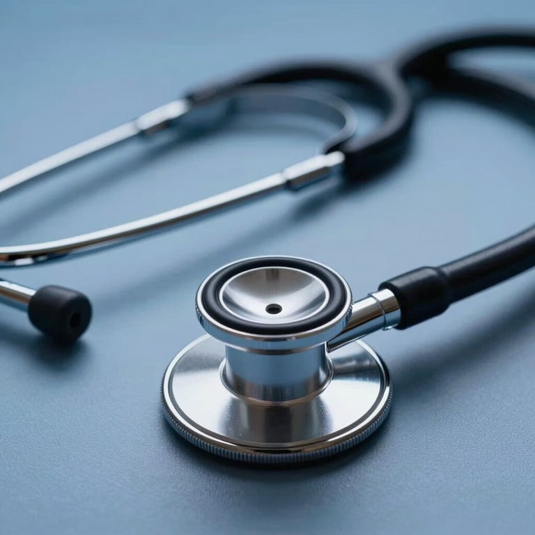 Detailed macro shot of a medical stethoscope lying on a clean surface, medium blue background lighting.