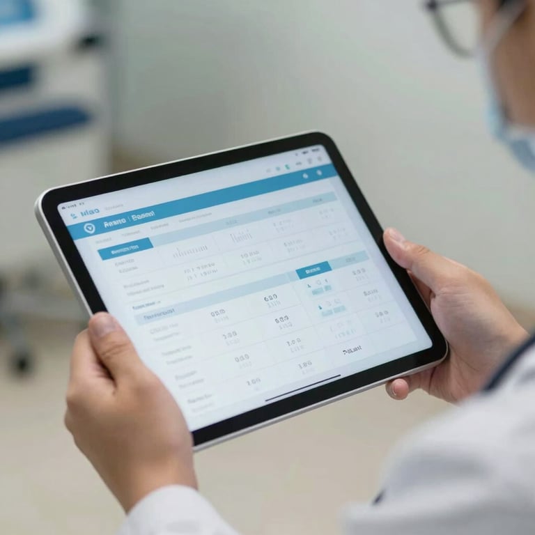 Hands of a professional physician holding a digital tablet displaying a clean medical interface with health data.