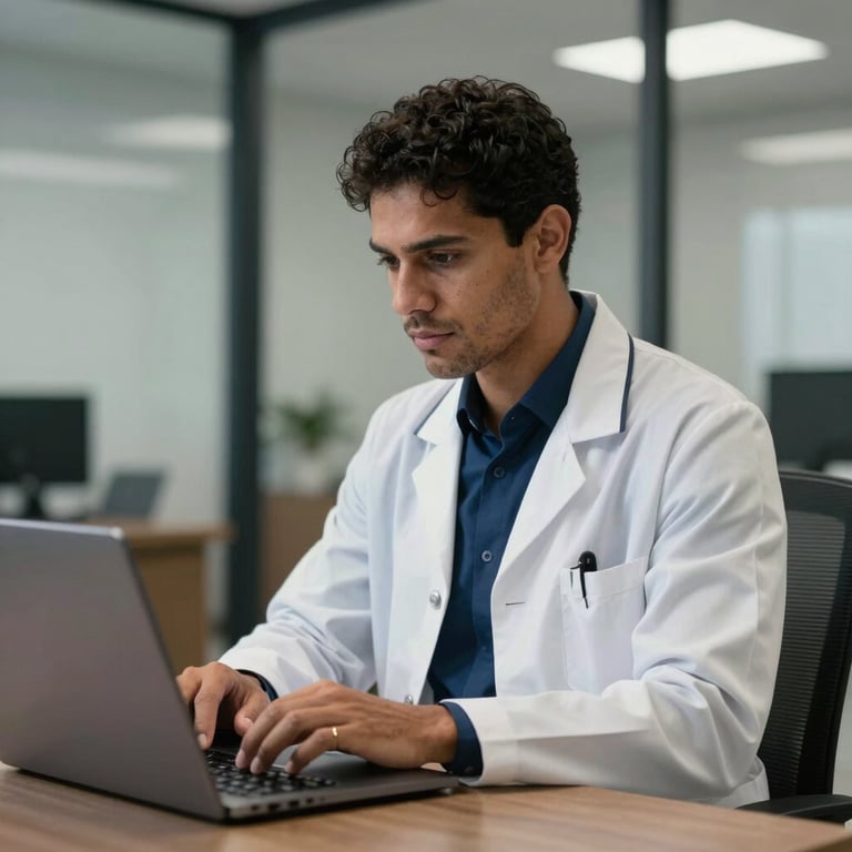 A Brazilian doctor in a modern office, wearing professional dark blue attire under a white coat, typing on a laptop.