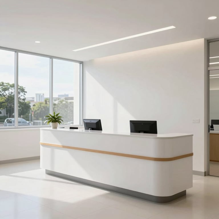 Modern and minimalist medical facility reception in Brazil, bright and airy with large windows.