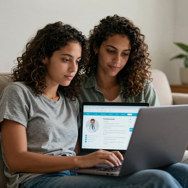 Relieved Brazilian couple sitting together on a sofa, looking at a laptop screen with a professional medical interface.