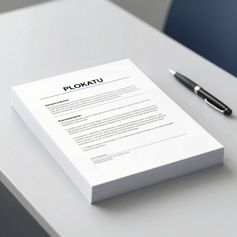 A stack of official legal documents with a pen nearby on a clean, modern desk in shades of #3D5A7F.