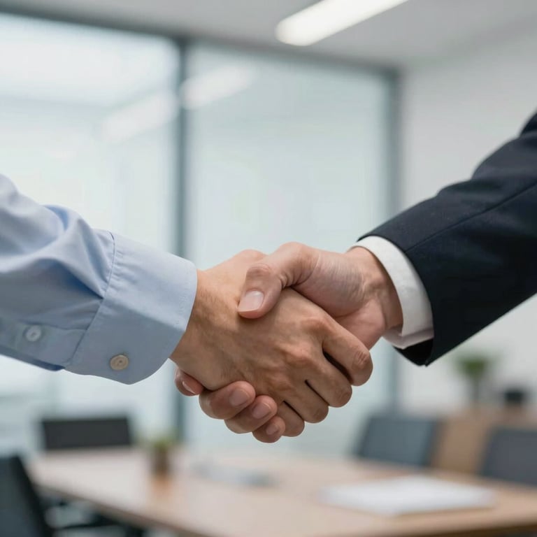 A close-up of two people shaking hands firmly in a professional office setting, representing trust and agreement.