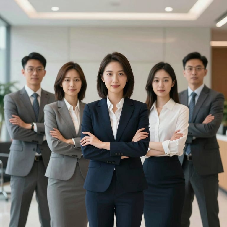 A portrait of a confident, professional legal team standing together in a bright lobby, reflecting competence and reliability.