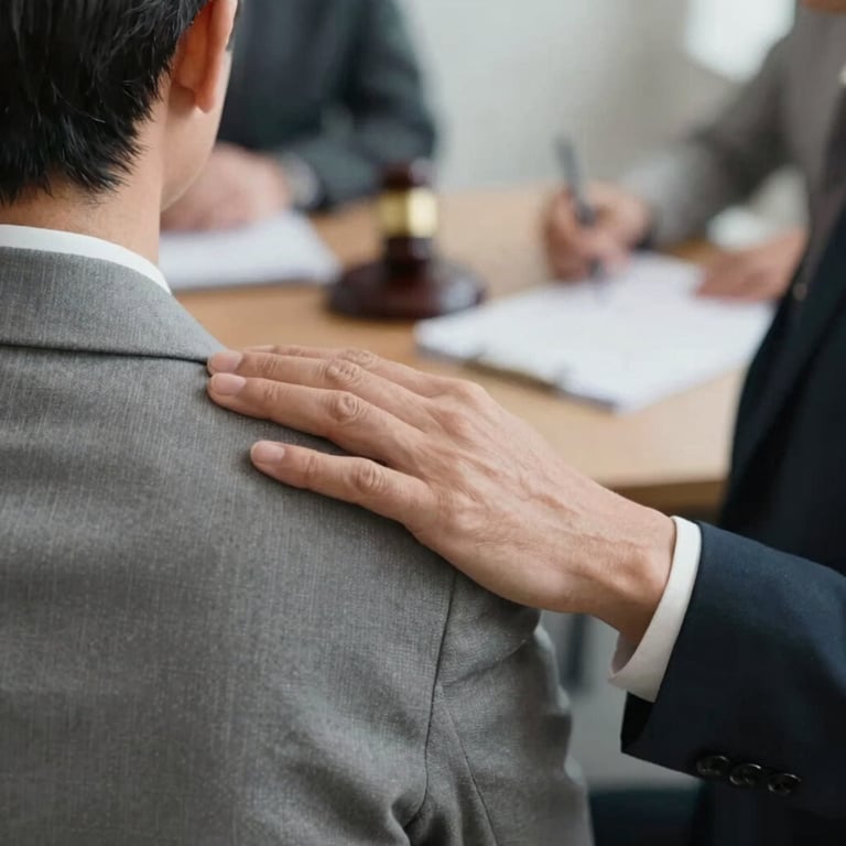 A lawyer's hand resting reassuringly on a client's shoulder during a meeting, emphasizing empathy and support.