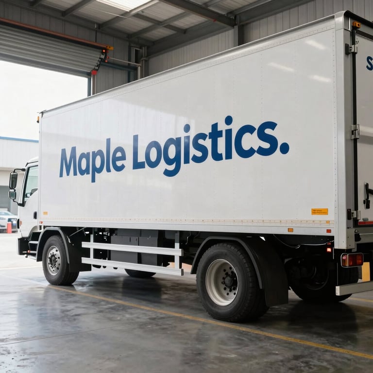 A step-deck trailer parked in a bright warehouse yard, reflecting the bold and professional aesthetic of Maple Logistics.