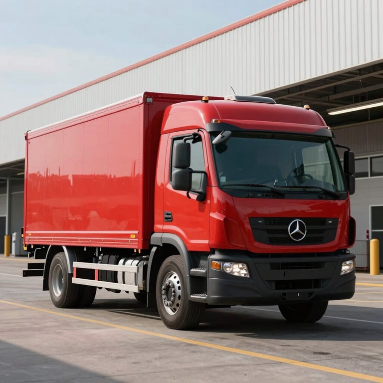 A red modern dry van truck parked at a large logistics terminal in North America, sharp lighting, professional commercial photography style.
