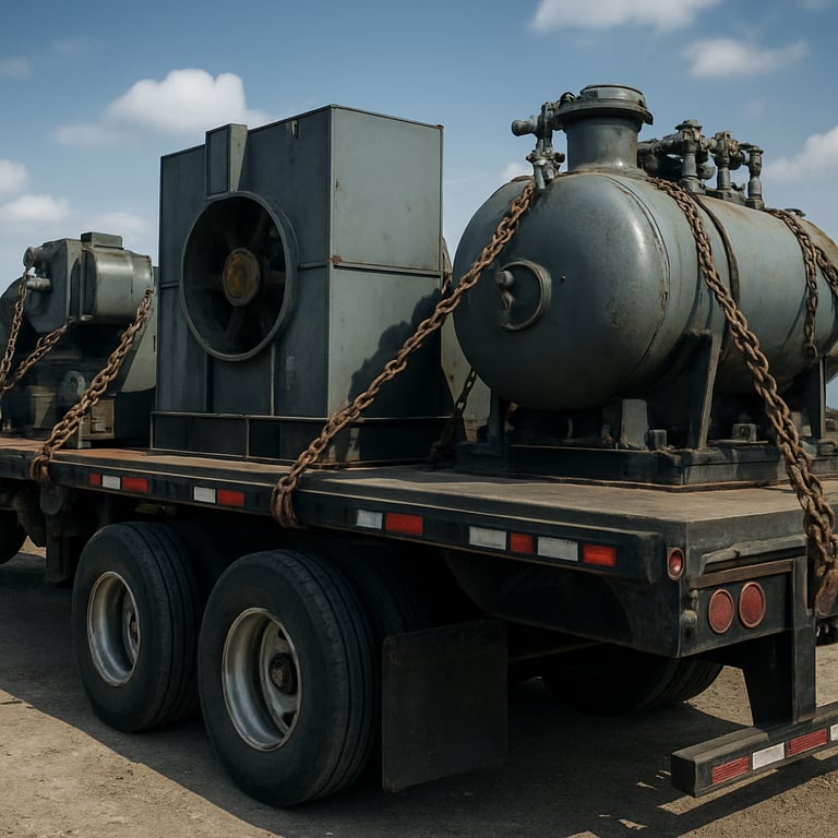 A flatbed trailer loaded with heavy industrial equipment, secured perfectly, captured in daylight with high-contrast detail.