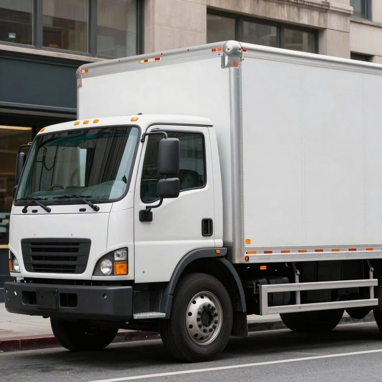 A professional box truck making a delivery in an urban North American setting, emphasizing versatility in freight services.