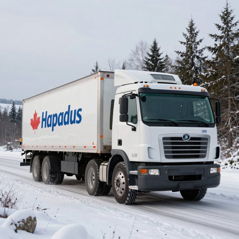 A refrigerated truck (reefer) driving through a snowy pass in Canada, highlighting reliability in all weather conditions.