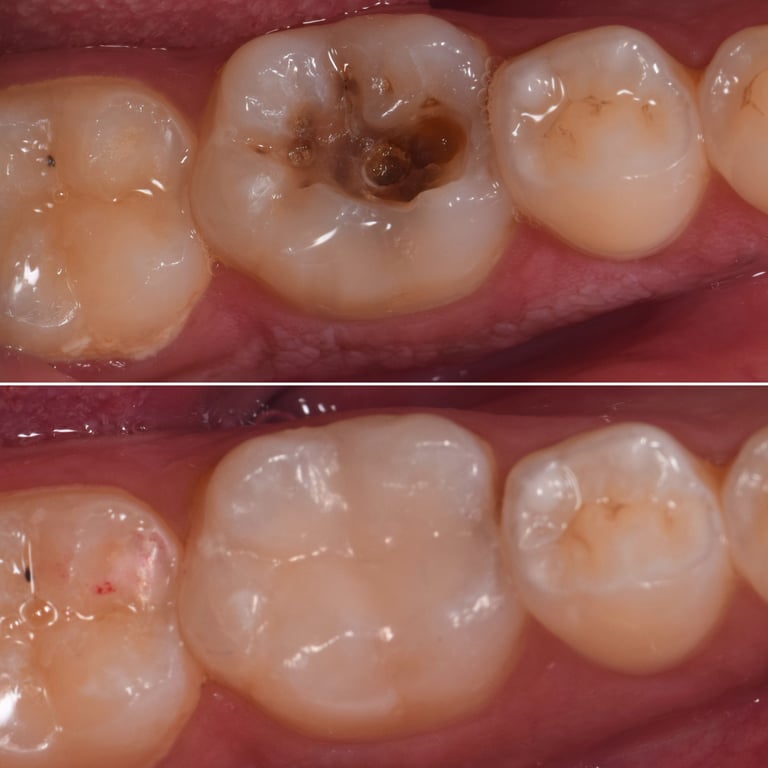 Deep teeth cavity treated with tooth colored filling of bonded composite resin by best dentist in malad west