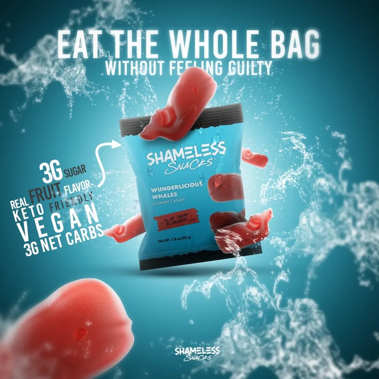 Sobre de gomitas rojas con forma de ballena y agua alrededor