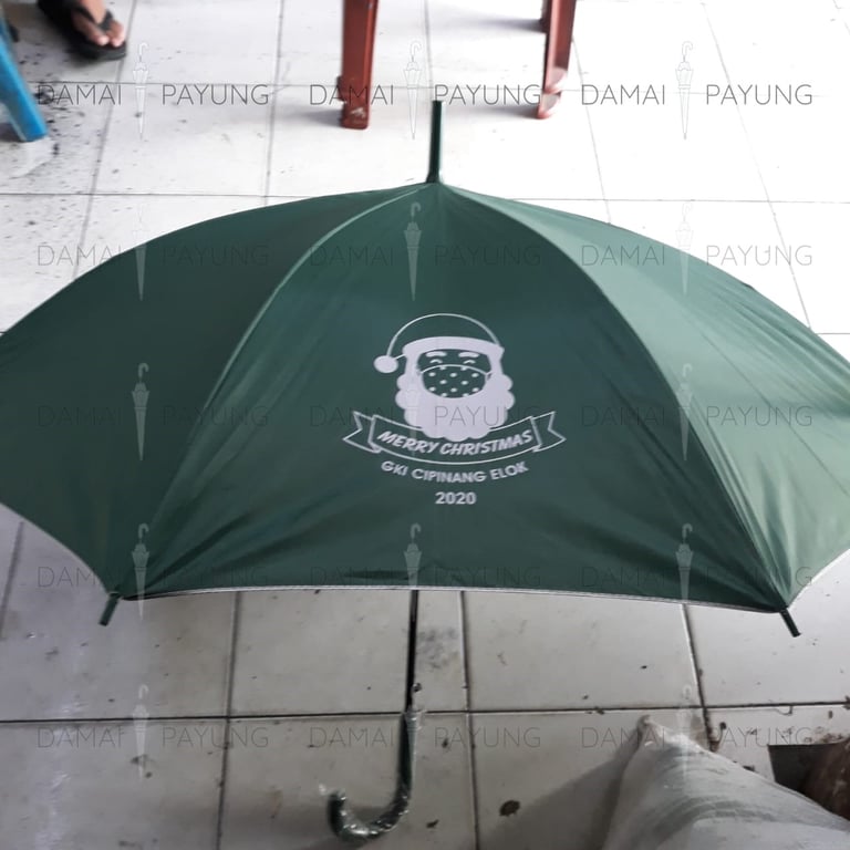 Payung promosi polos tongkat hijau silver GKI detail