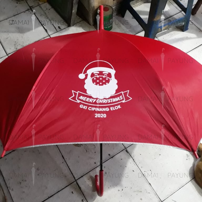 Payung promosi polos tongkat merah silver GKI detail