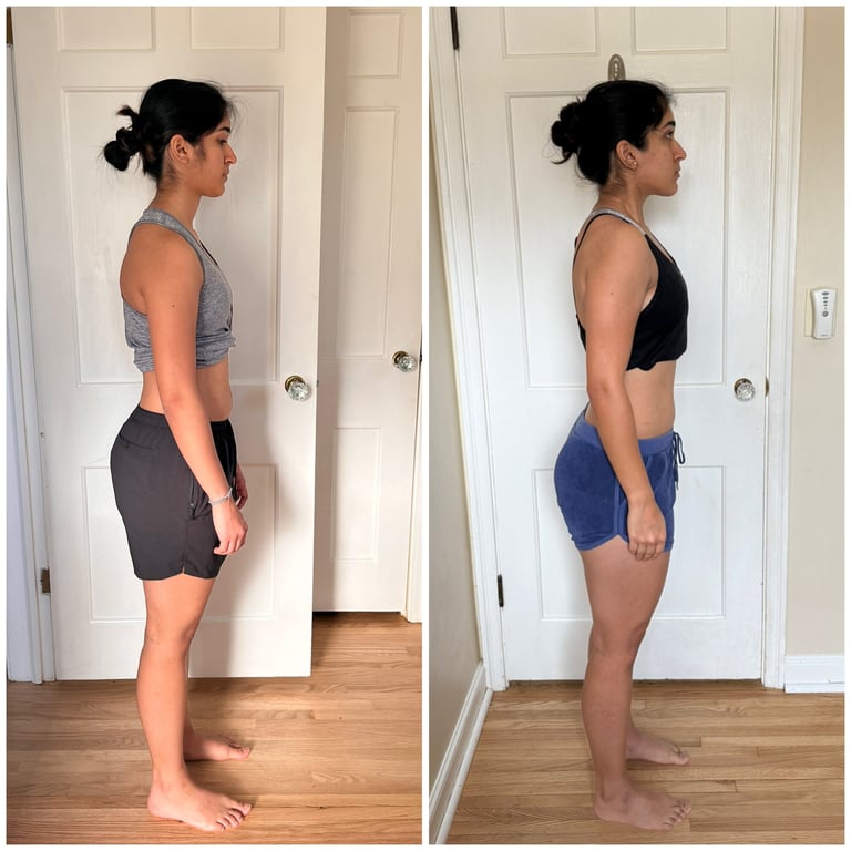 woman with improved posture and foot pain in after vs before training pictures
