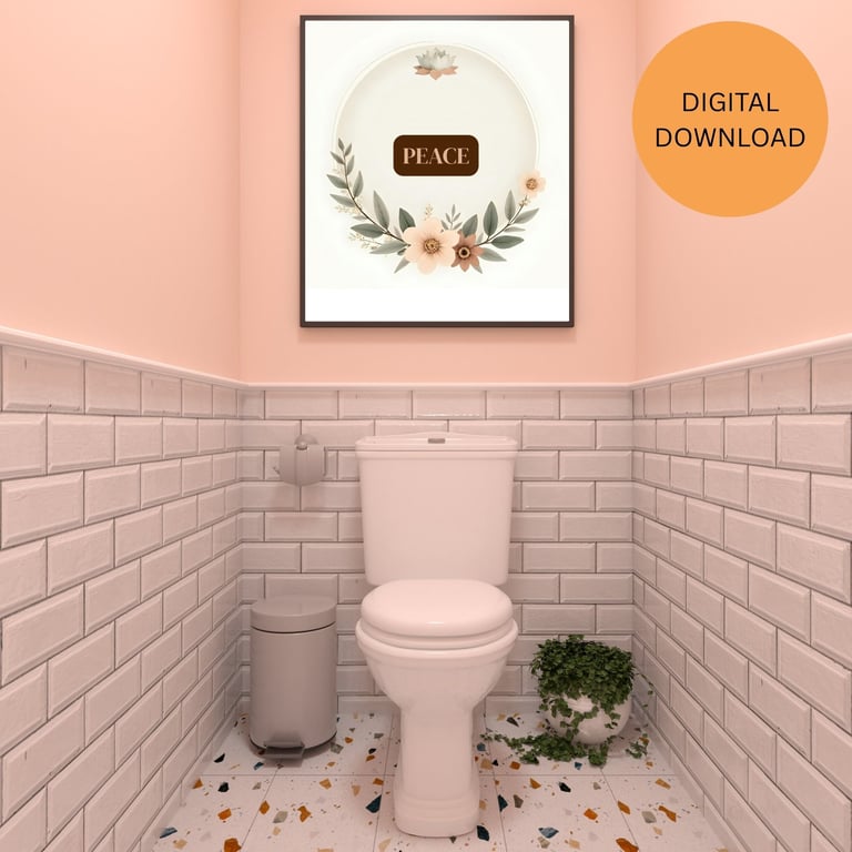 a bathroom with a frame wall art