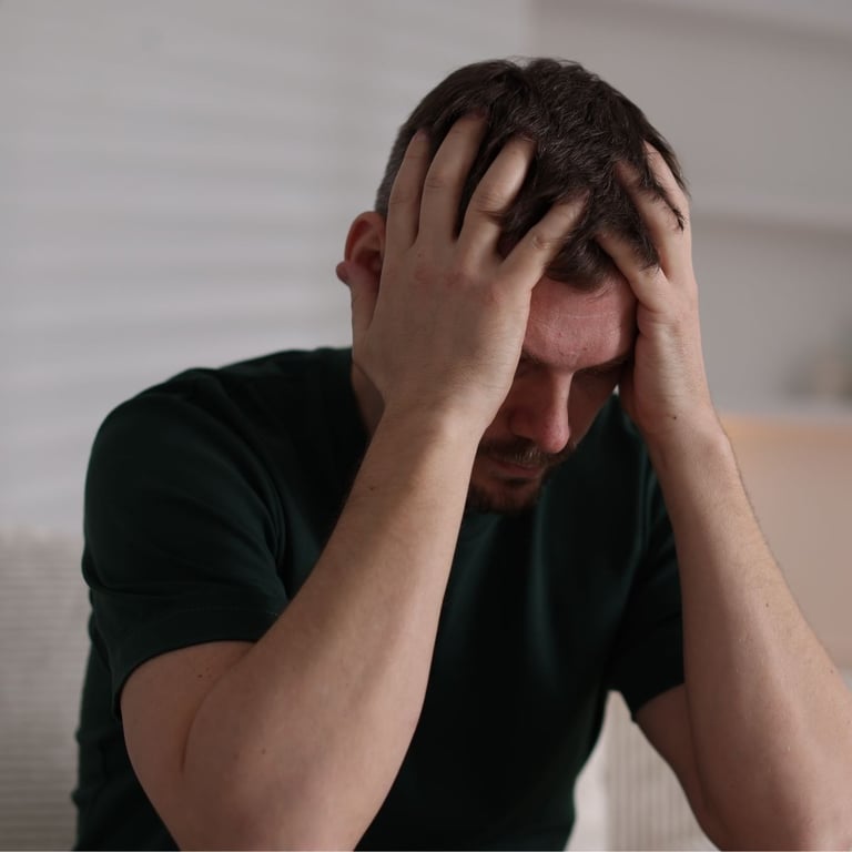 A stressed man holding his head in his hands, depicting mental health anxiety and exhaustion.
