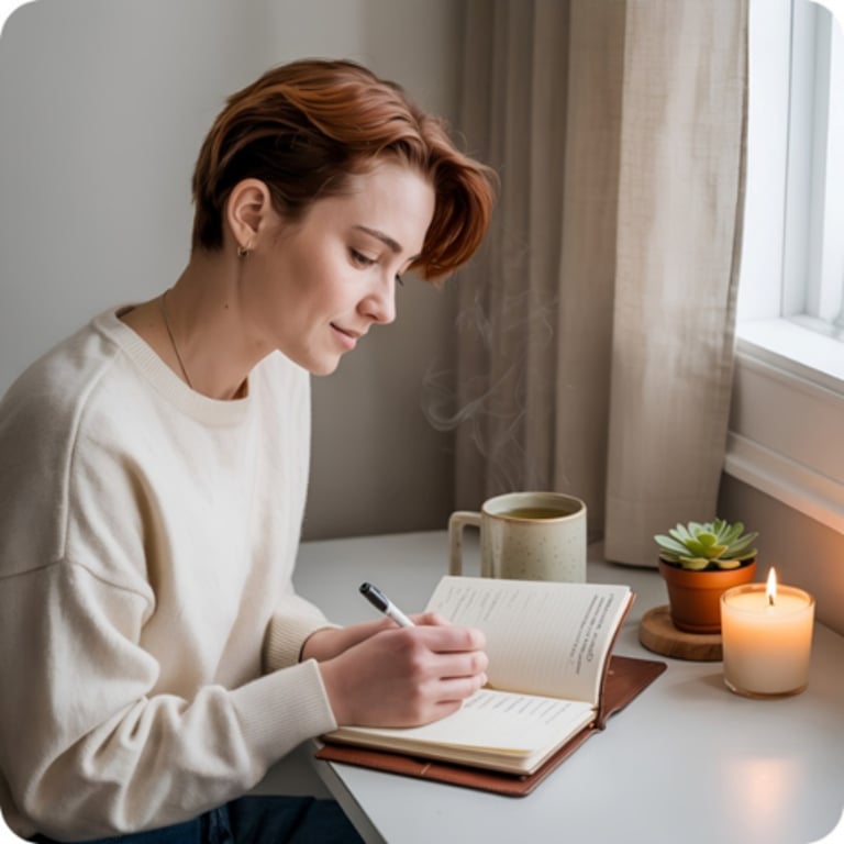 A woman journaling in a notebook at a desk with a lit candle and a mug of tea.