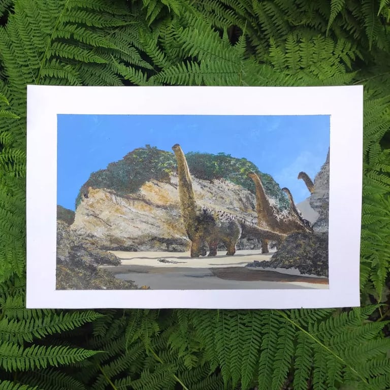 Group of Alamosaurus walking through the desert in sunlight, painted in acrylics.