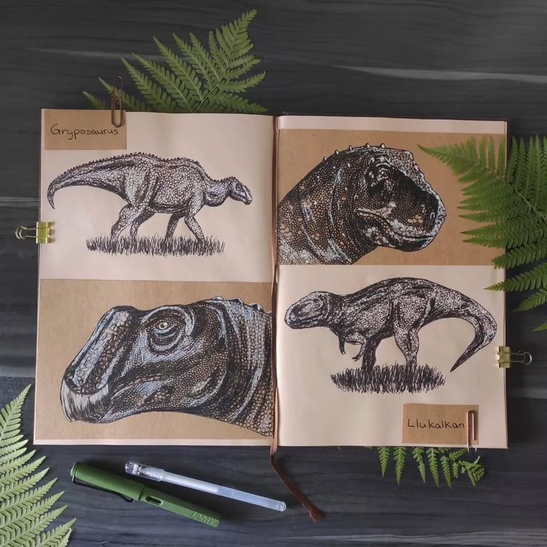 Gryposaurus and Llukalkan drawn in ink in a brown-toned sketchbook.