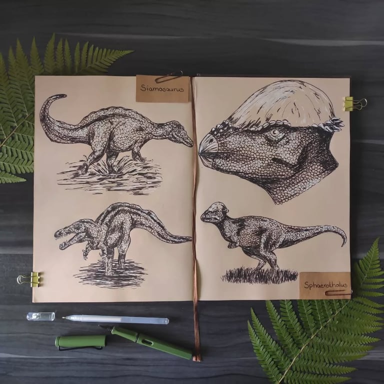 Siamosaurus and Sphaerotholus drawn in ink in a brown-toned sketchbook.