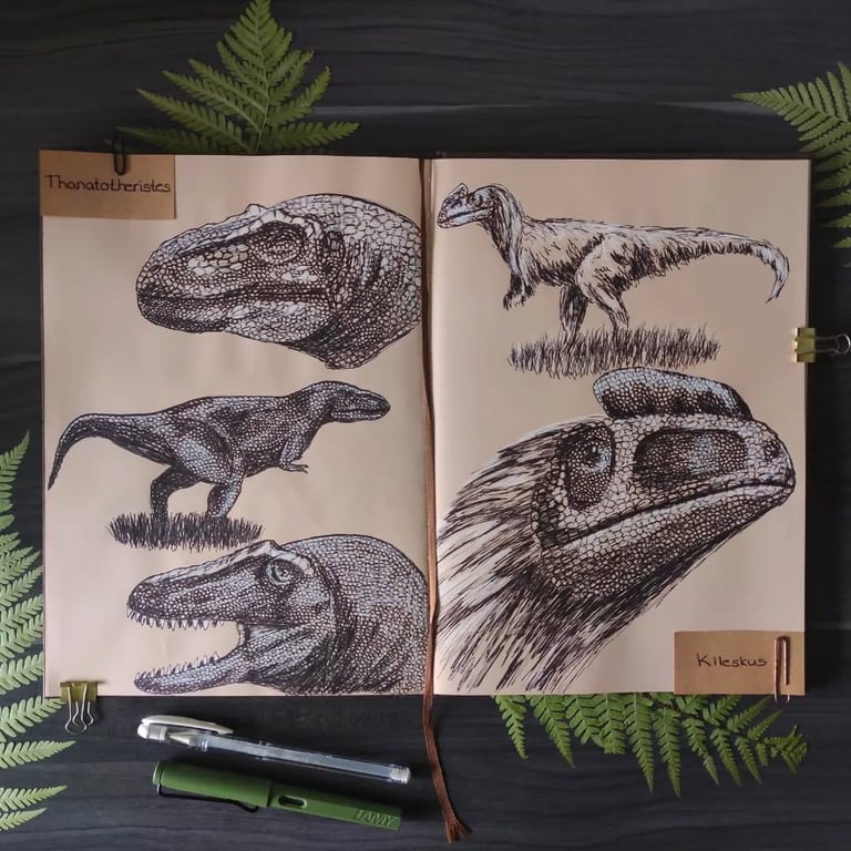 Thanatotheristes and Kileskus drawn in ink in a brown-toned sketchbook.