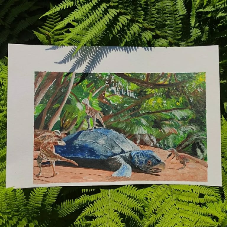 Turtle on the beach with Tyrannosaurus babies playing on its back, painted in acrylics.