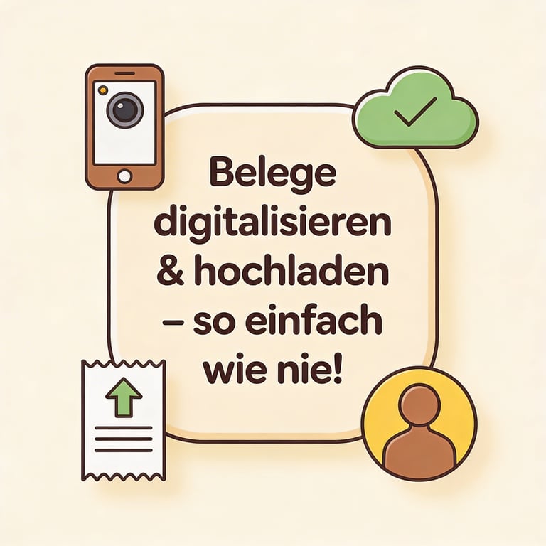 Icon: „Belege digitalisieren und hochladen“ mit Smartphone, Quittung, Upload-Pfeil, Cloud und Haken in Pastellfarben