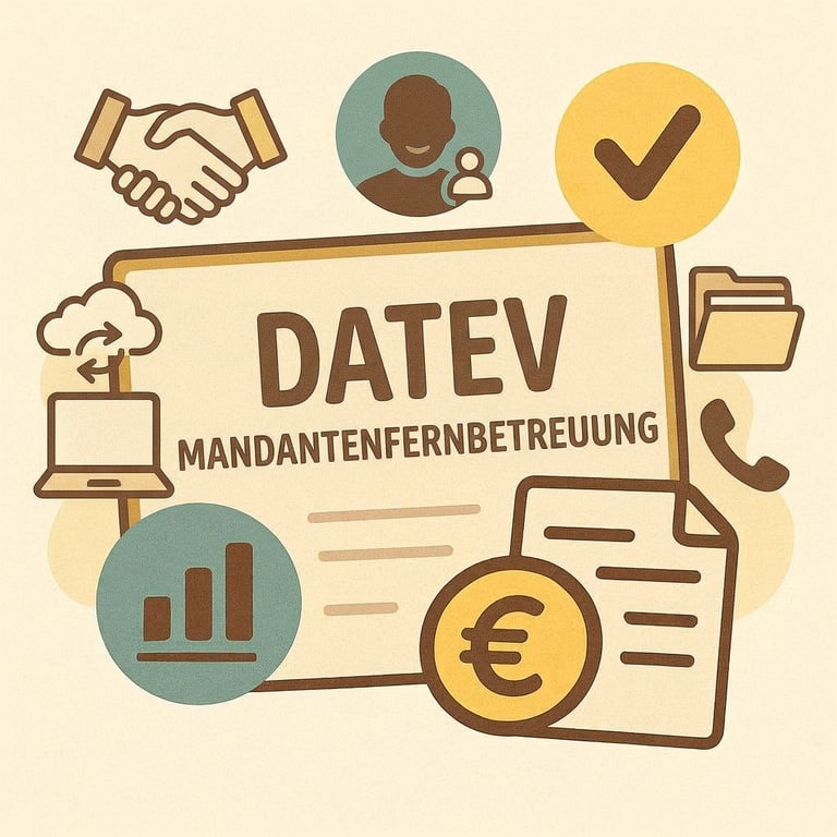„DATEV Mandantenfernbetreuung“-Icon mit Laptop, Cloud, Haken – Fernbetreuung.