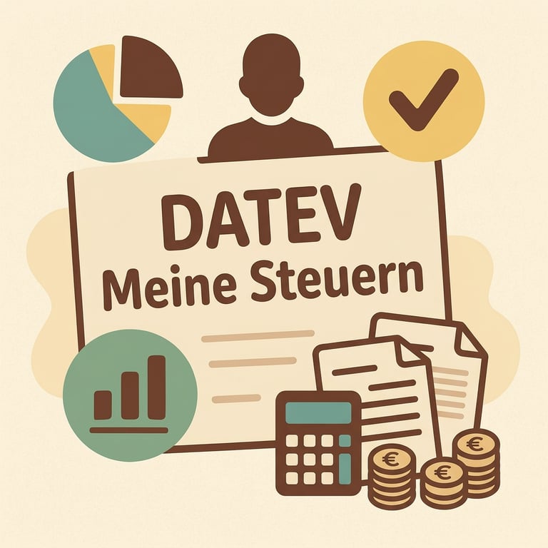 „DATEV Meine Steuern“-Icon mit Formular, Diagramm, Münze, Haken – digitale Steuern.